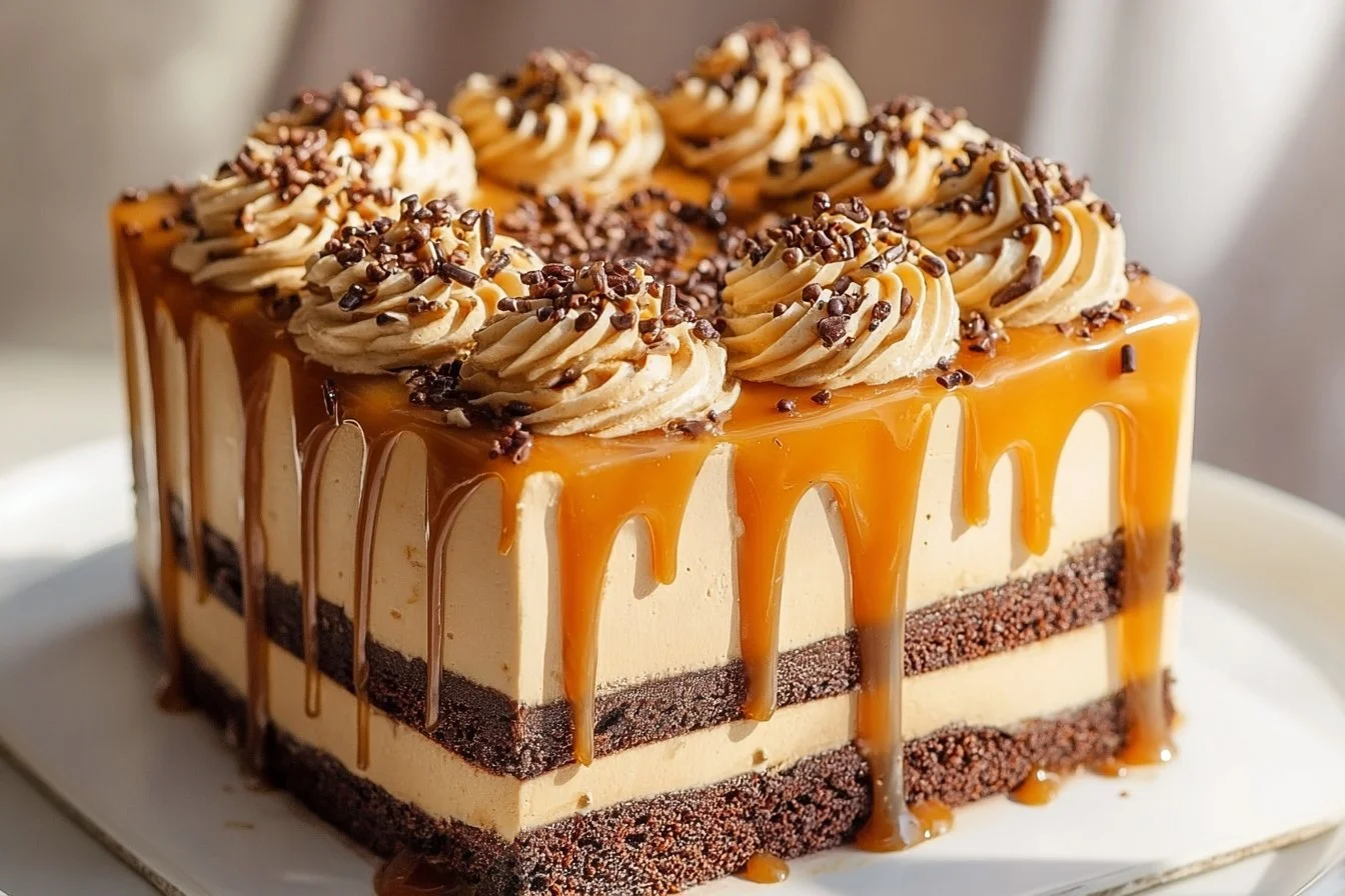Decadent caramel cake with rich frosting and beautiful presentation