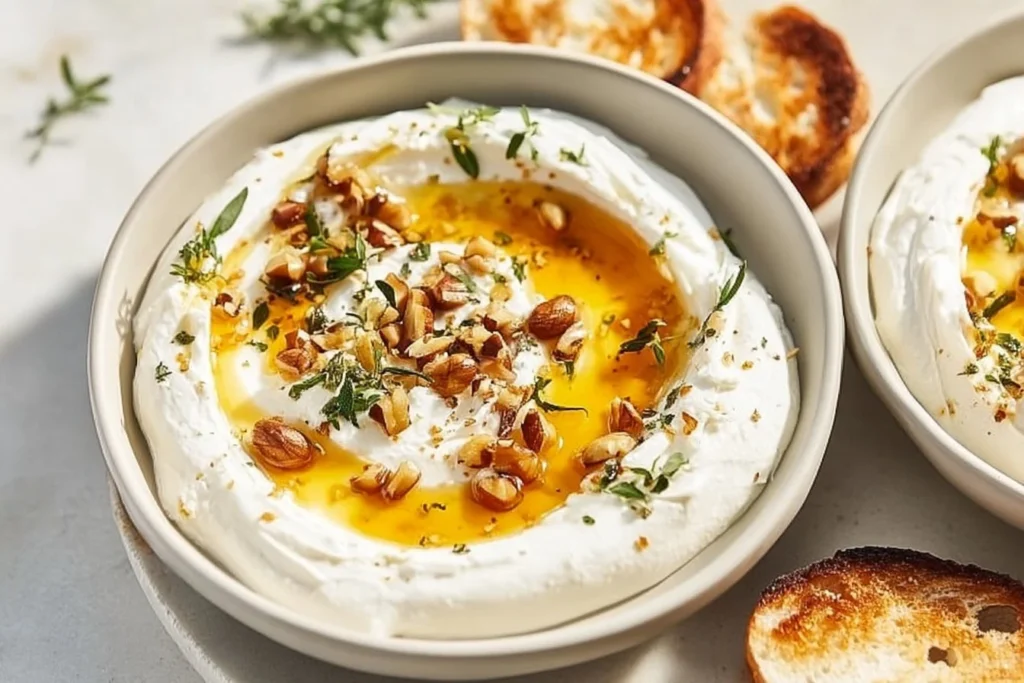 Bowl of delicious ricotta dip drizzled with hot honey