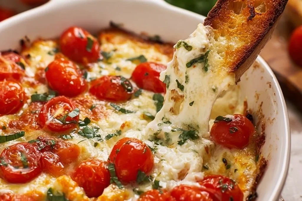 Delicious easy Caprese Dip with mozzarella, tomatoes, and basil