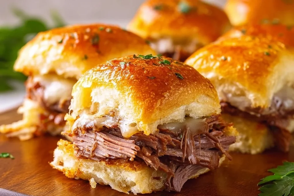 Easy French dip sliders served with au jus for dipping