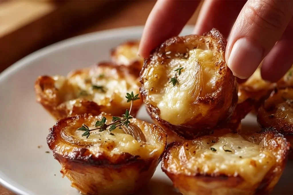 Easy French onion soup bites served on a platter, garnished with herbs.