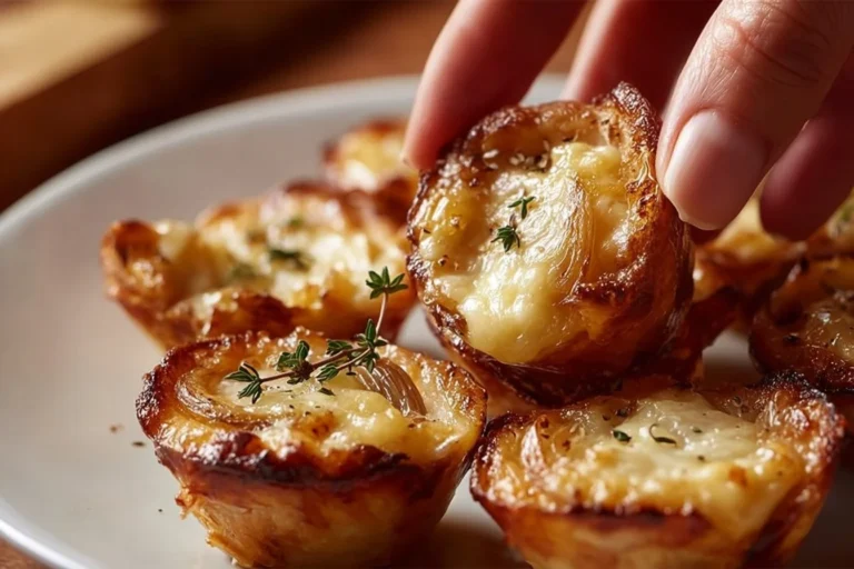 Easy French onion soup bites served on a platter, garnished with herbs.