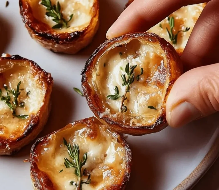 Delicious easy French onion soup bites served on a wooden platter.