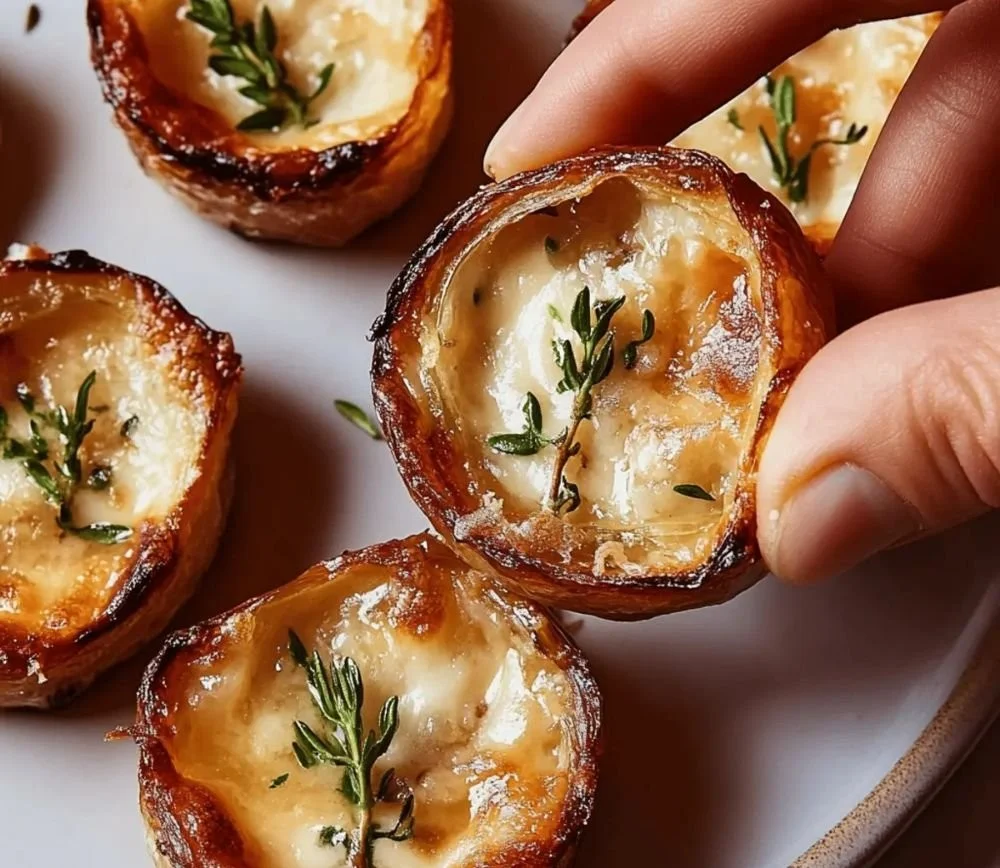 Delicious easy French onion soup bites served on a wooden platter.