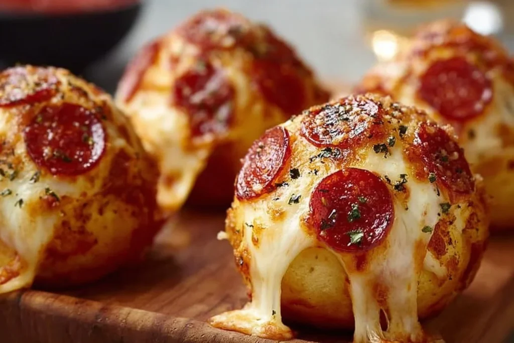 Easy pepperoni pizza bombs served on a plate with sauce.