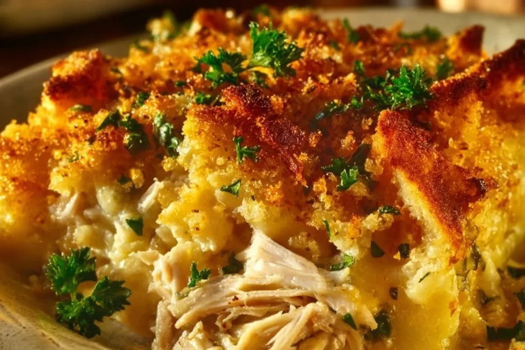 Delicious easy rotisserie chicken casserole served in a baking dish