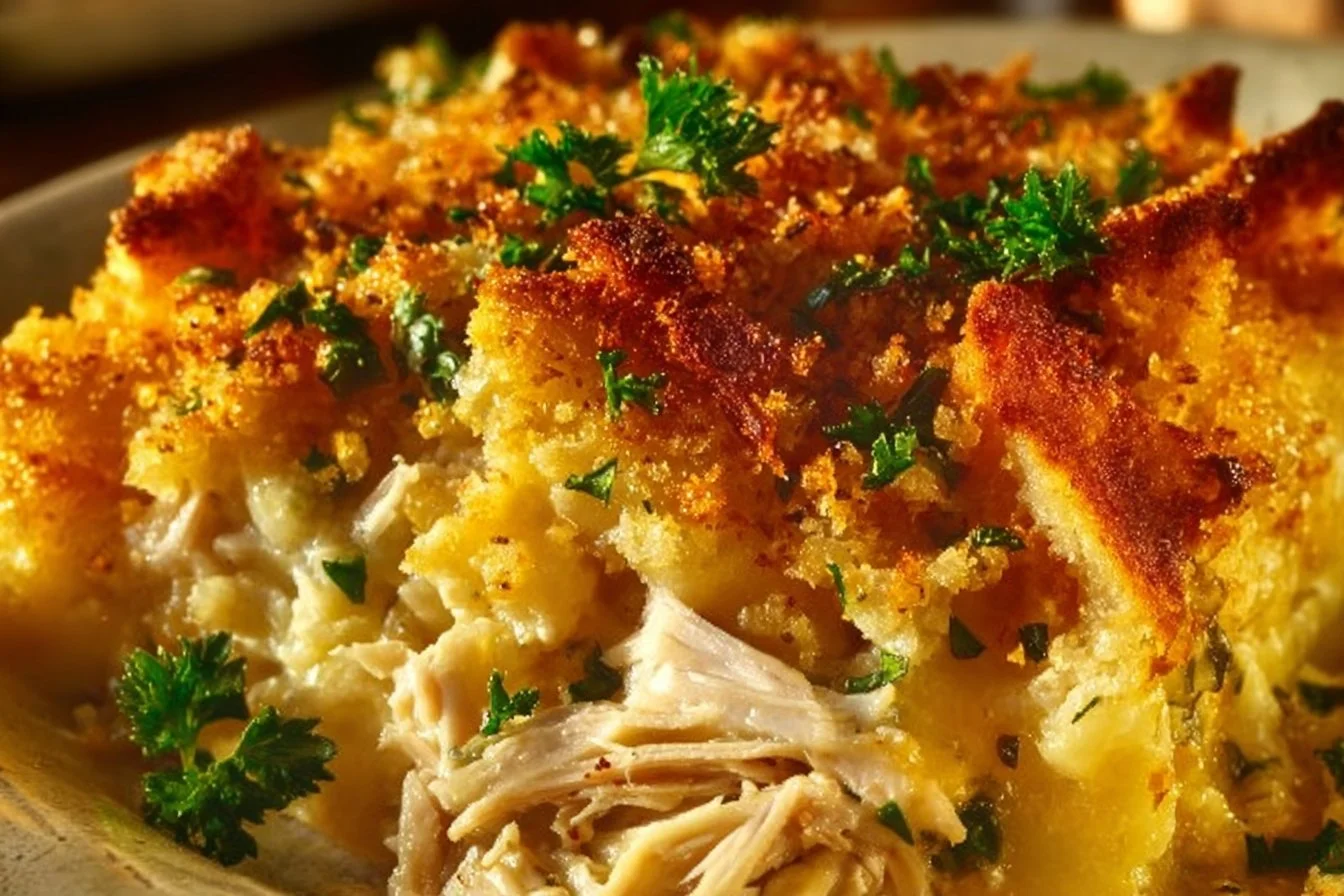 Delicious easy rotisserie chicken casserole served in a baking dish