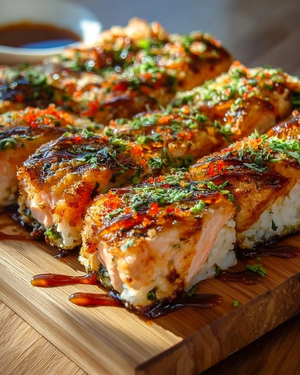 Easy Spicy Salmon Sushi Bake served in a dish with toppings and chopsticks