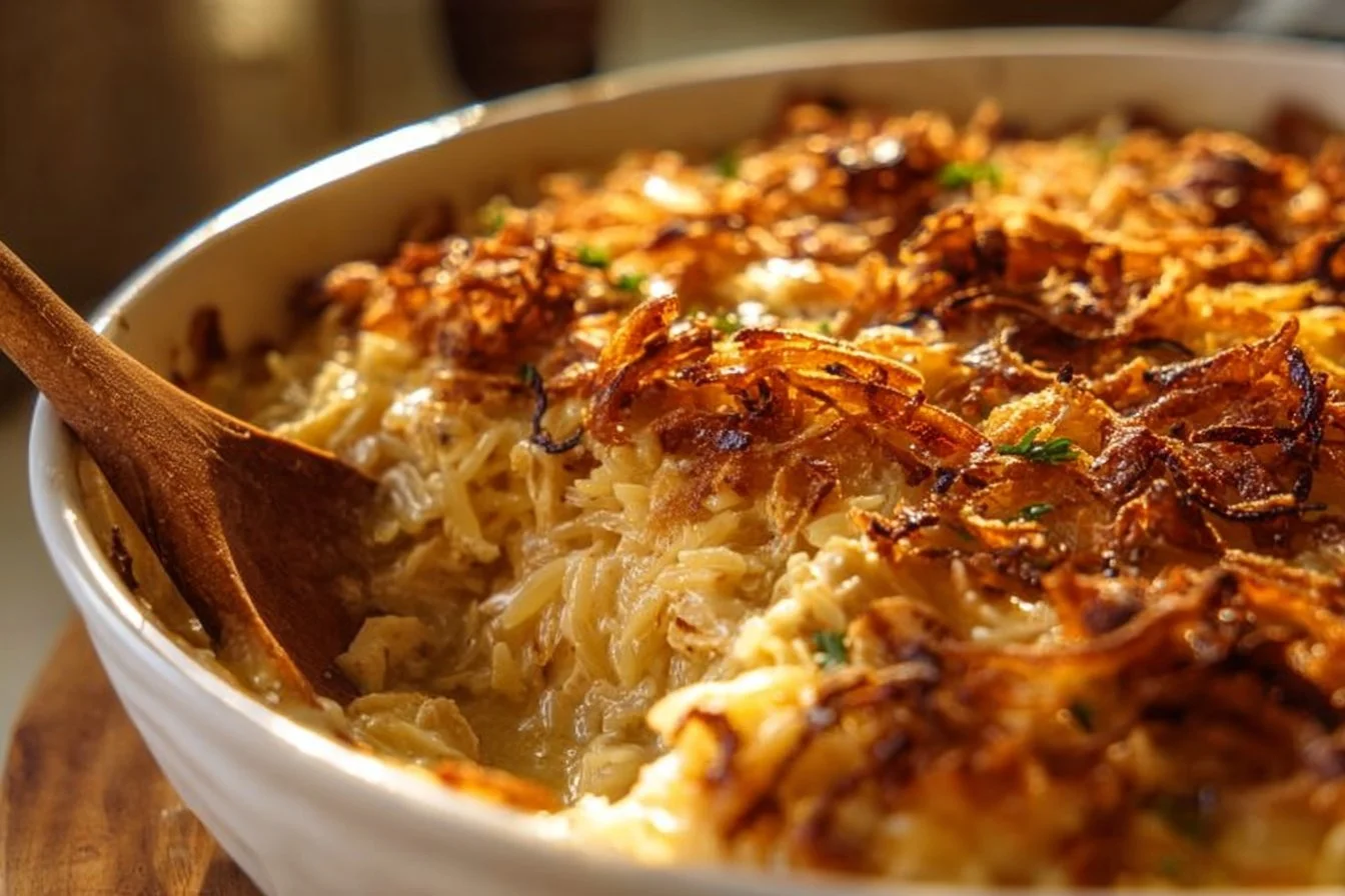 French onion chicken orzo casserole topped with melted cheese and herbs