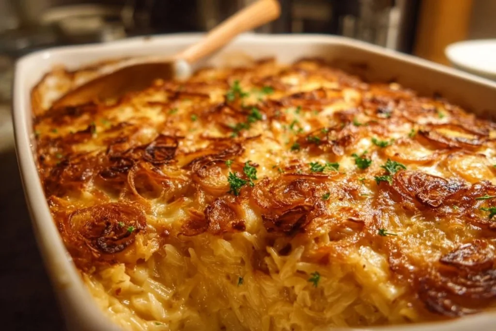 Delicious French onion chicken orzo casserole topped with melted cheese