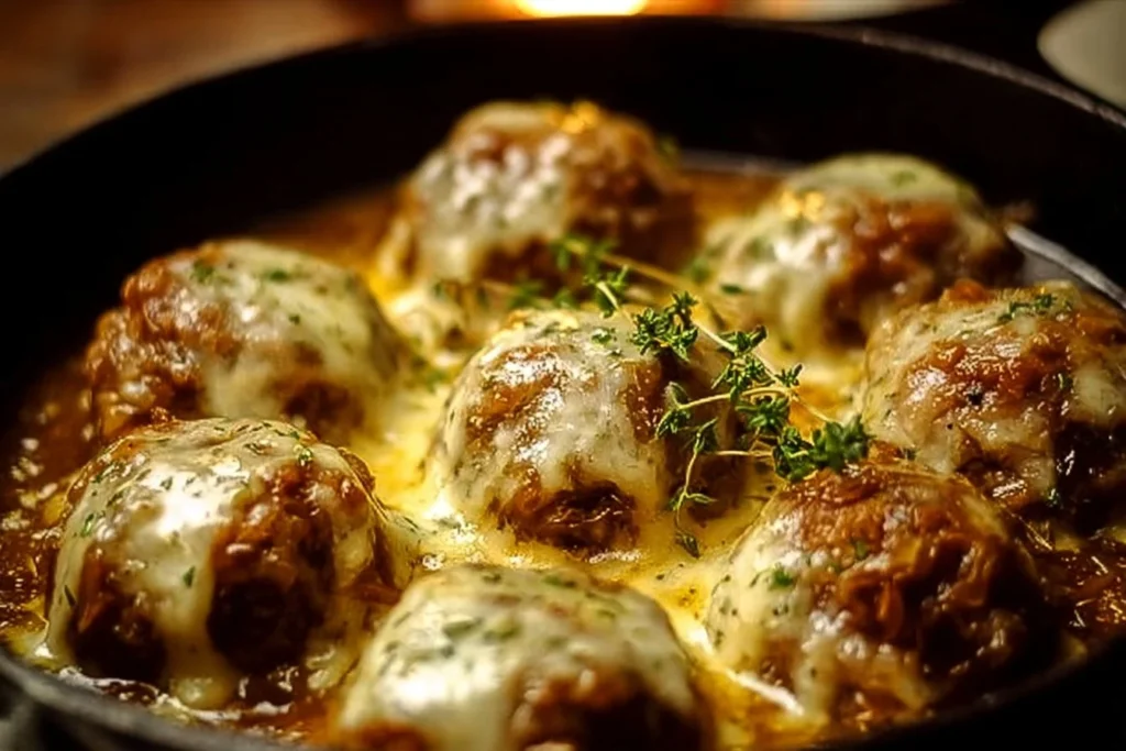 Plate of French onion meatballs in savory onion sauce