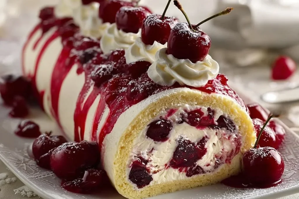 Heavenly cherry cheesecake cake roll with cream and cherries