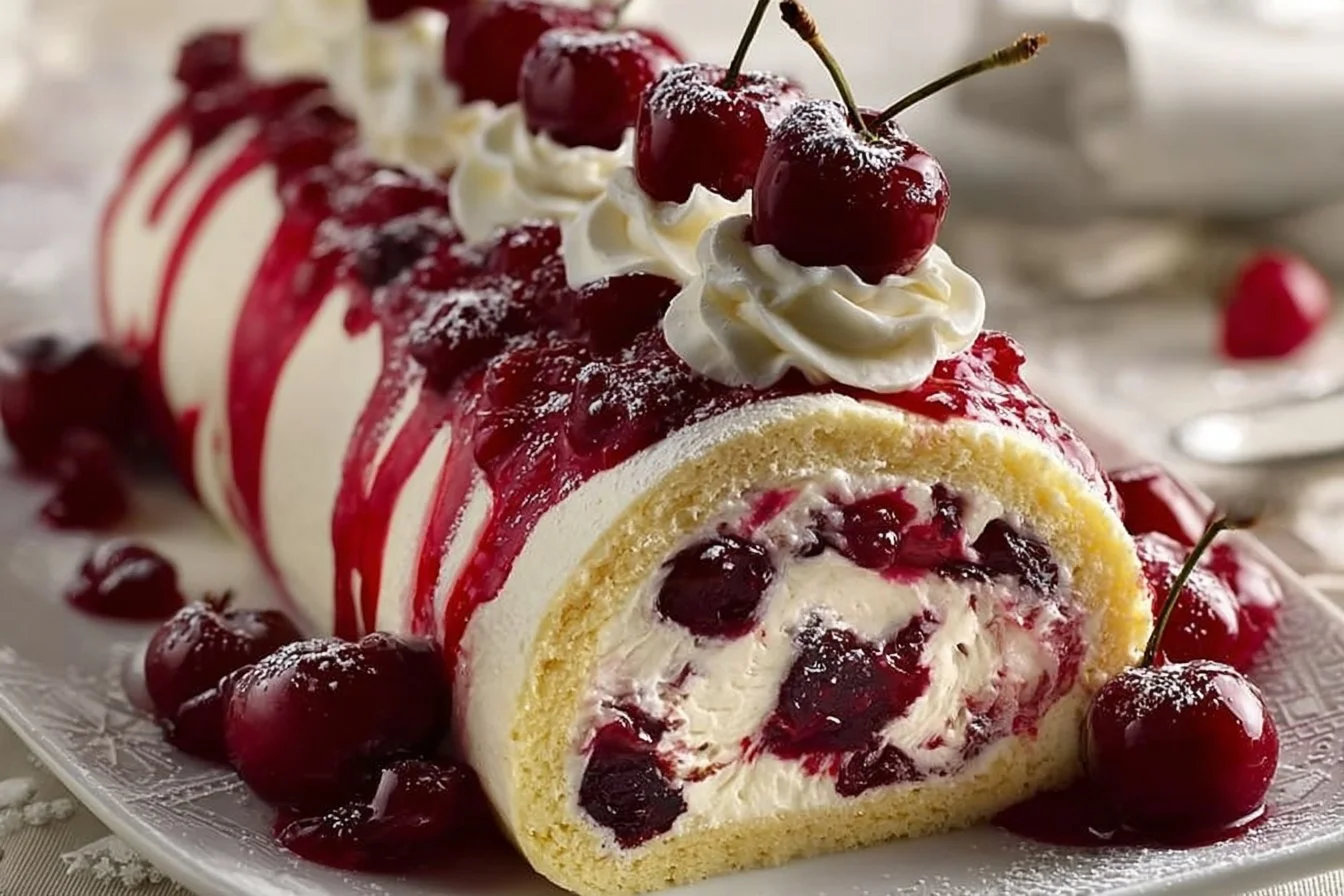 Heavenly cherry cheesecake cake roll with cream and cherries
