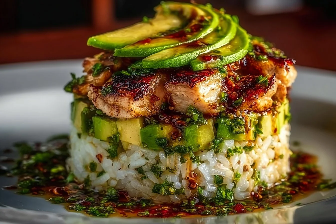 Honey Lime Chicken served with Avocado Rice Stack on a plate