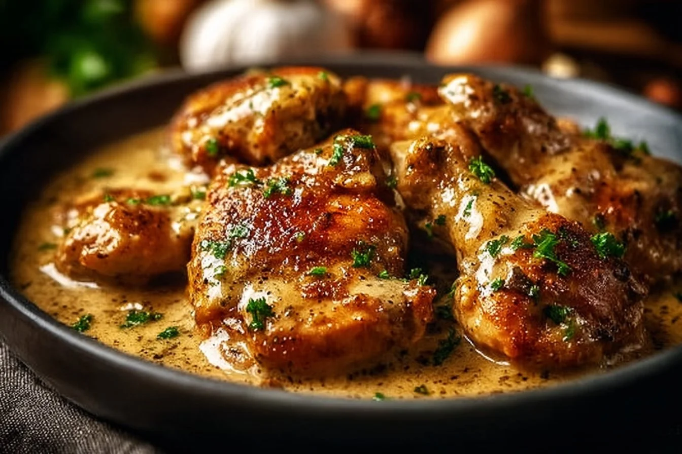 Irish chicken served with whiskey cream sauce in a rustic setting