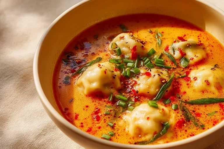 Bowl of delicious coconut curry soup with dumplings, garnished with herbs