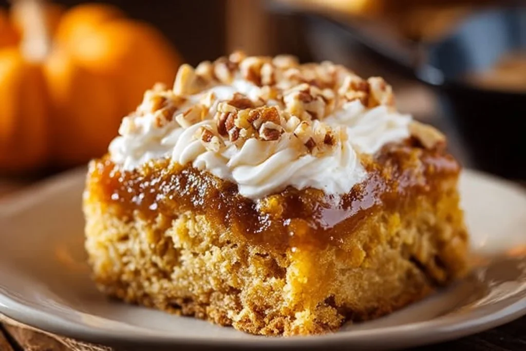 Irresistible fall pumpkin dump cake topped with whipped cream and spices
