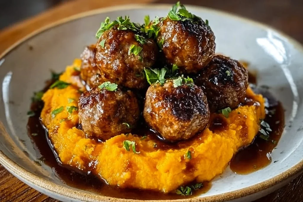 Delicious pork meatballs on a plate with sweet potato mash and bourbon-maple sauce