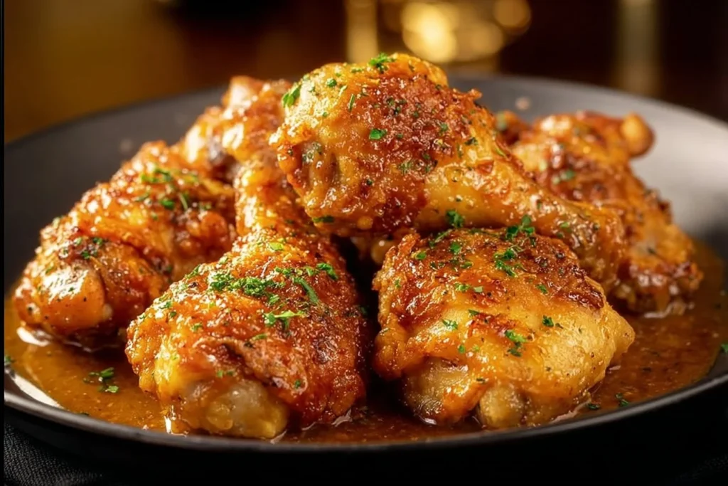 Plate of irresistible spicy southern chicken garnished with fresh herbs