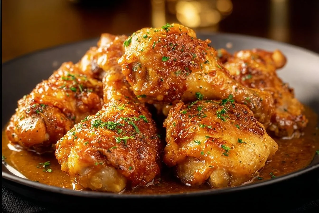 Plate of irresistible spicy southern chicken garnished with fresh herbs