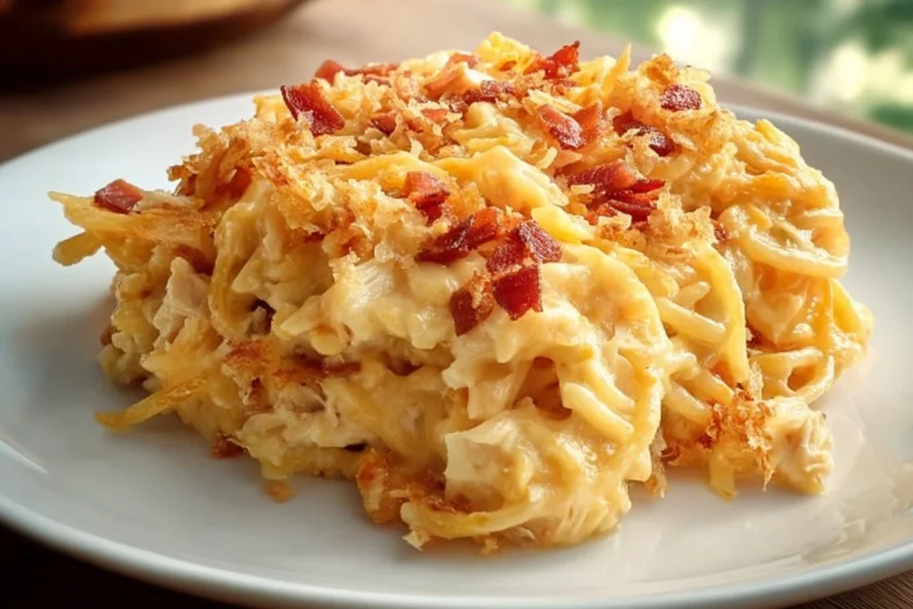 Spicy Southern Chicken Spaghetti Casserole ready to serve