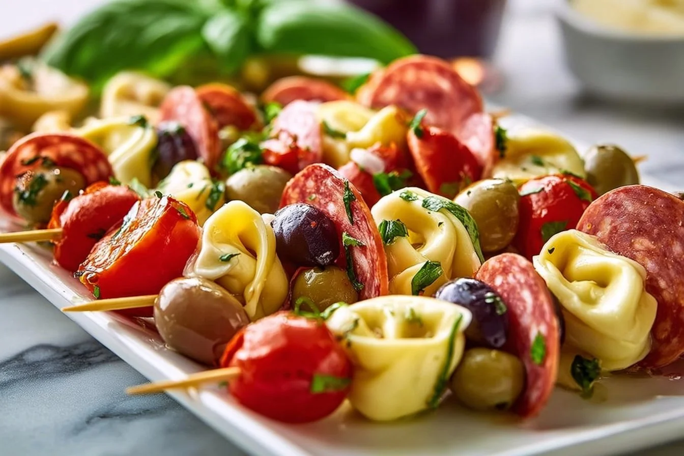 Italian antipasto skewers with marinated tortellini and mozzarella cheese