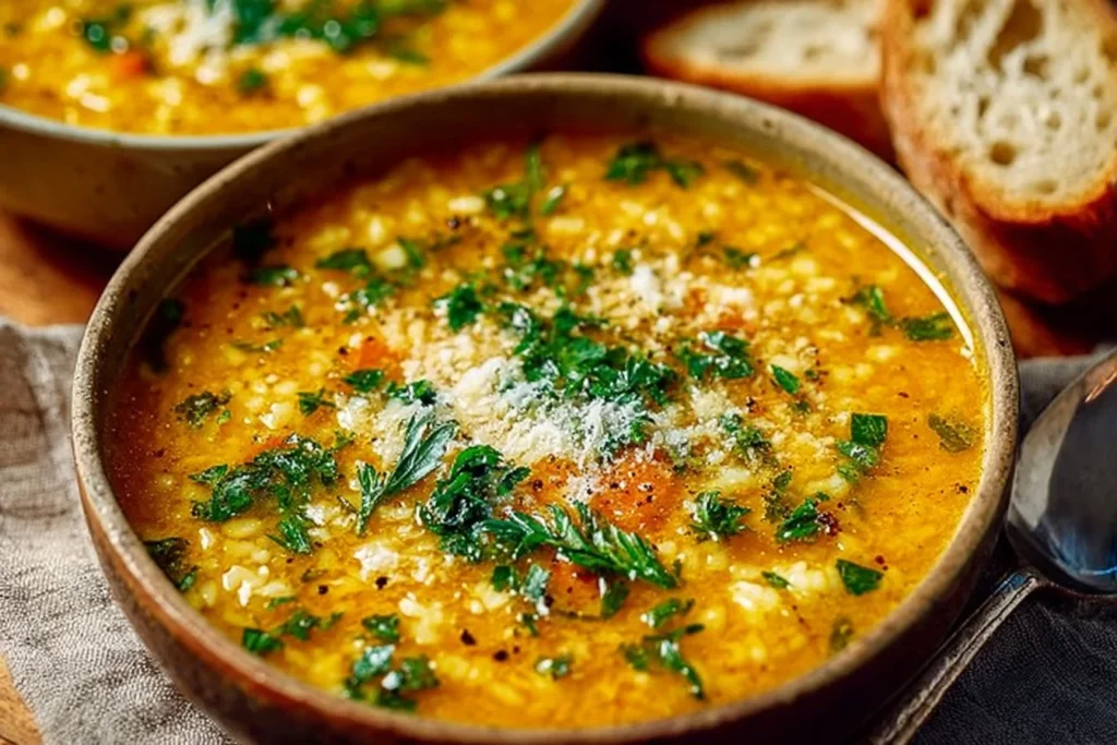 A bowl of Italian Penicillin Soup garnished with herbs and served with crusty bread.