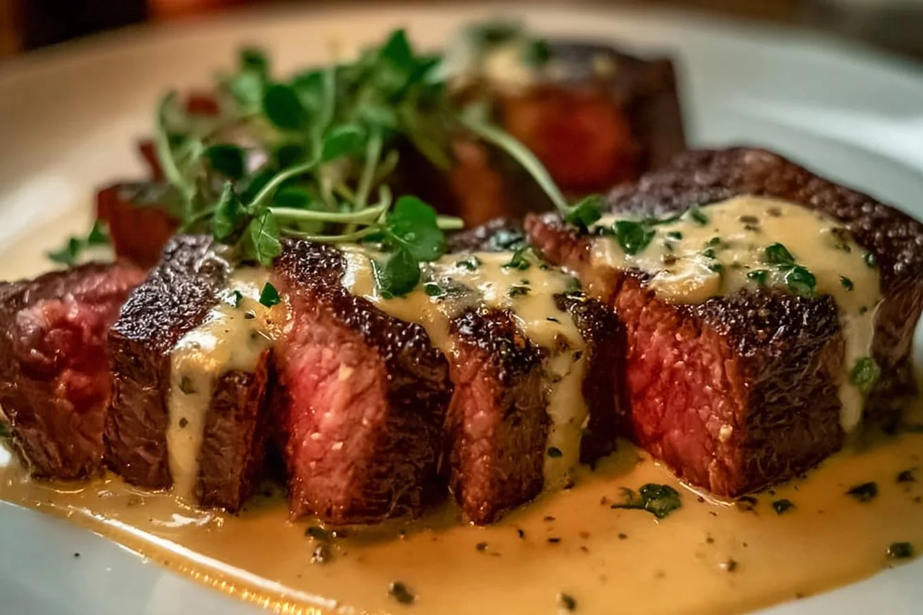 Juicy steak topped with creamy garlic sauce on a plate