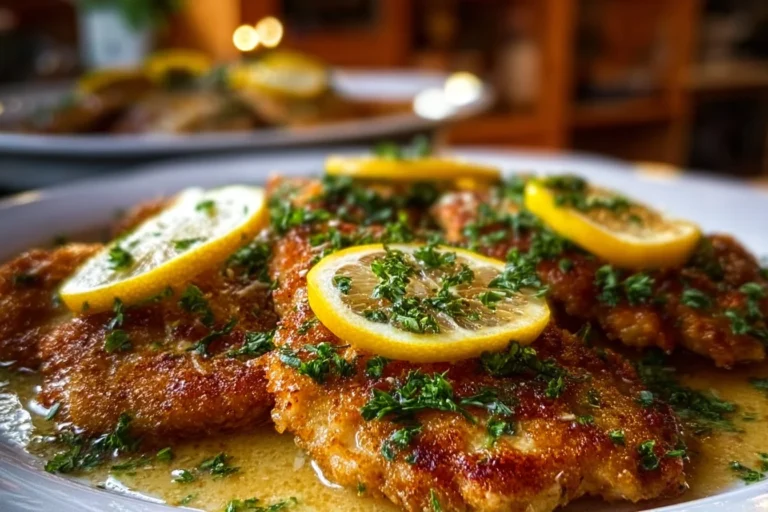 Plate of Lemon Chicken Romano garnished with fresh herbs and lemon slices