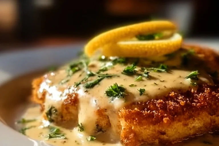 Lemon Pecorino Chicken with Creamy Lemon Sauce, garnished and plated beautifully.