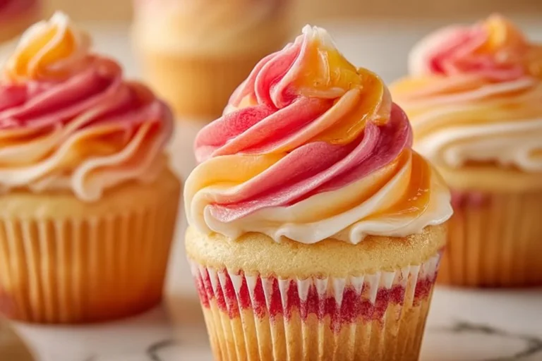 Mango Strawberry Cupcakes decorated with fresh fruits and creamy icing.