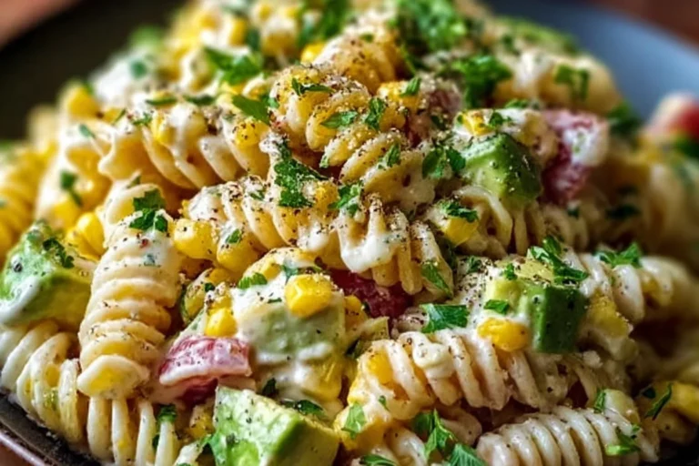 Bowl of Mexican Street Corn Pasta Salad topped with fresh cilantro and lime.