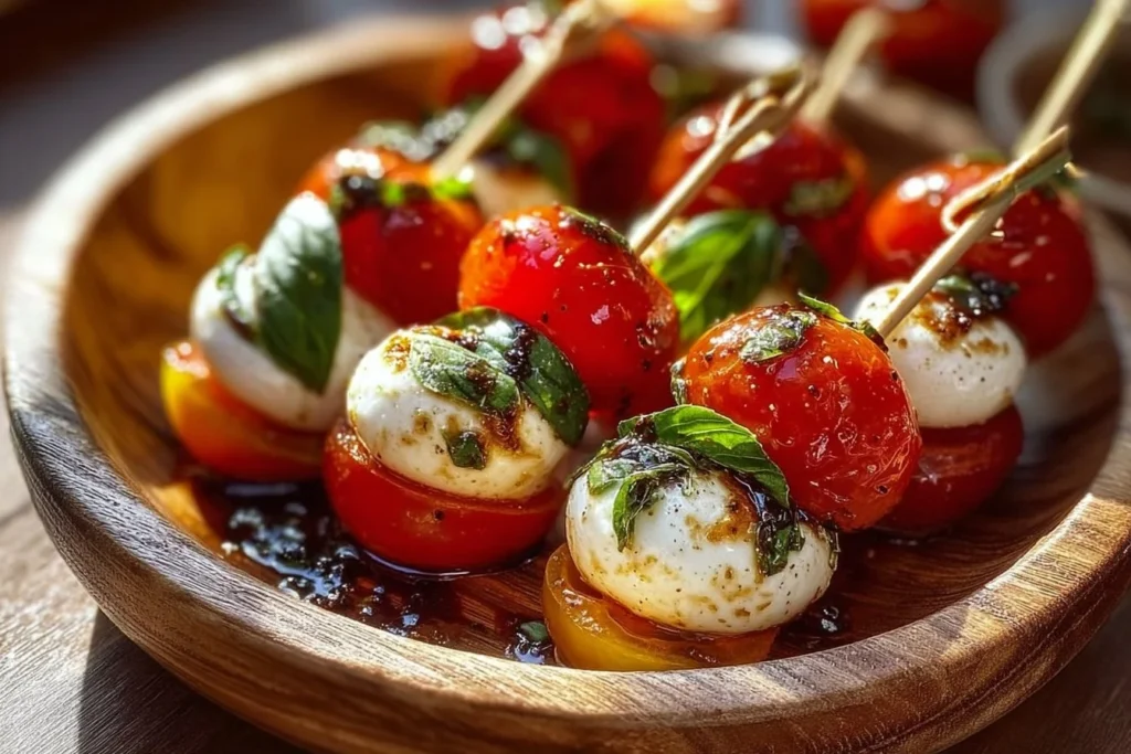Mini Caprese Bites with mozzarella, tomatoes, and fresh basil on a plate
