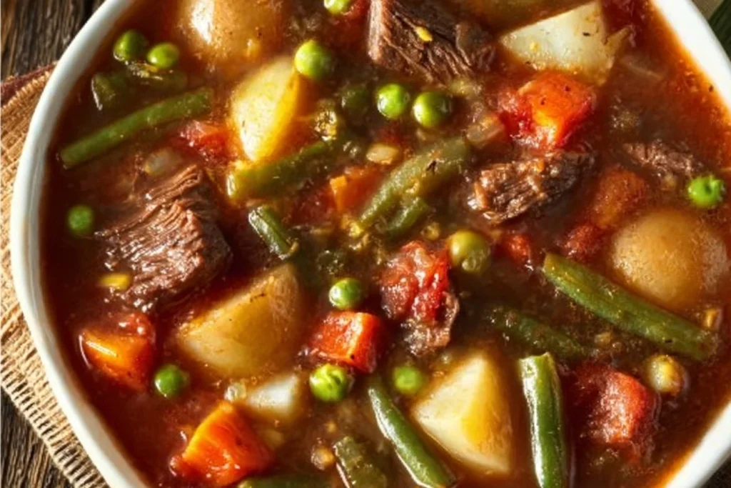 A bowl of my mom's old-fashioned vegetable beef soup filled with vegetables and tender beef.