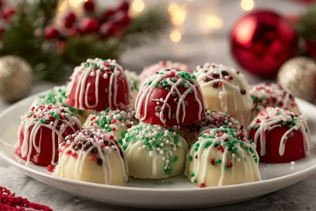 No-bake Christmas cheesecake bites topped with festive decorations