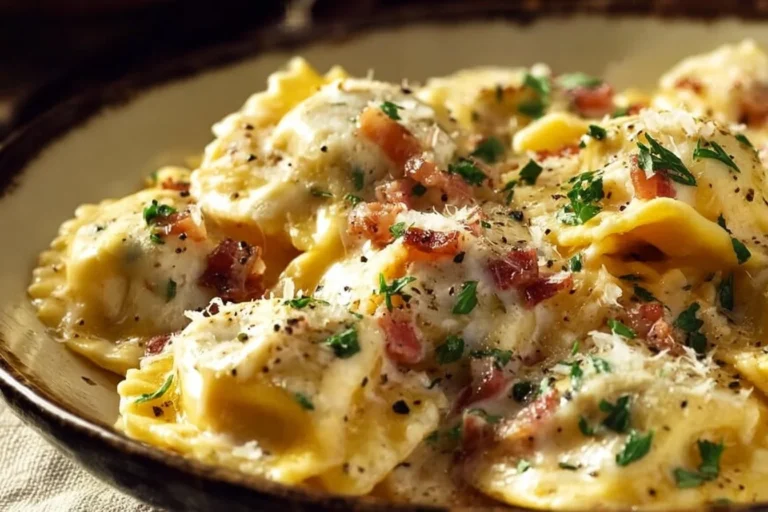 Delicious plate of Olive Garden Ravioli Carbonara with creamy sauce and herbs