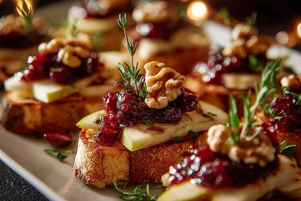 Pear Brie Cranberry Crostini topped with fresh fruit and herbs