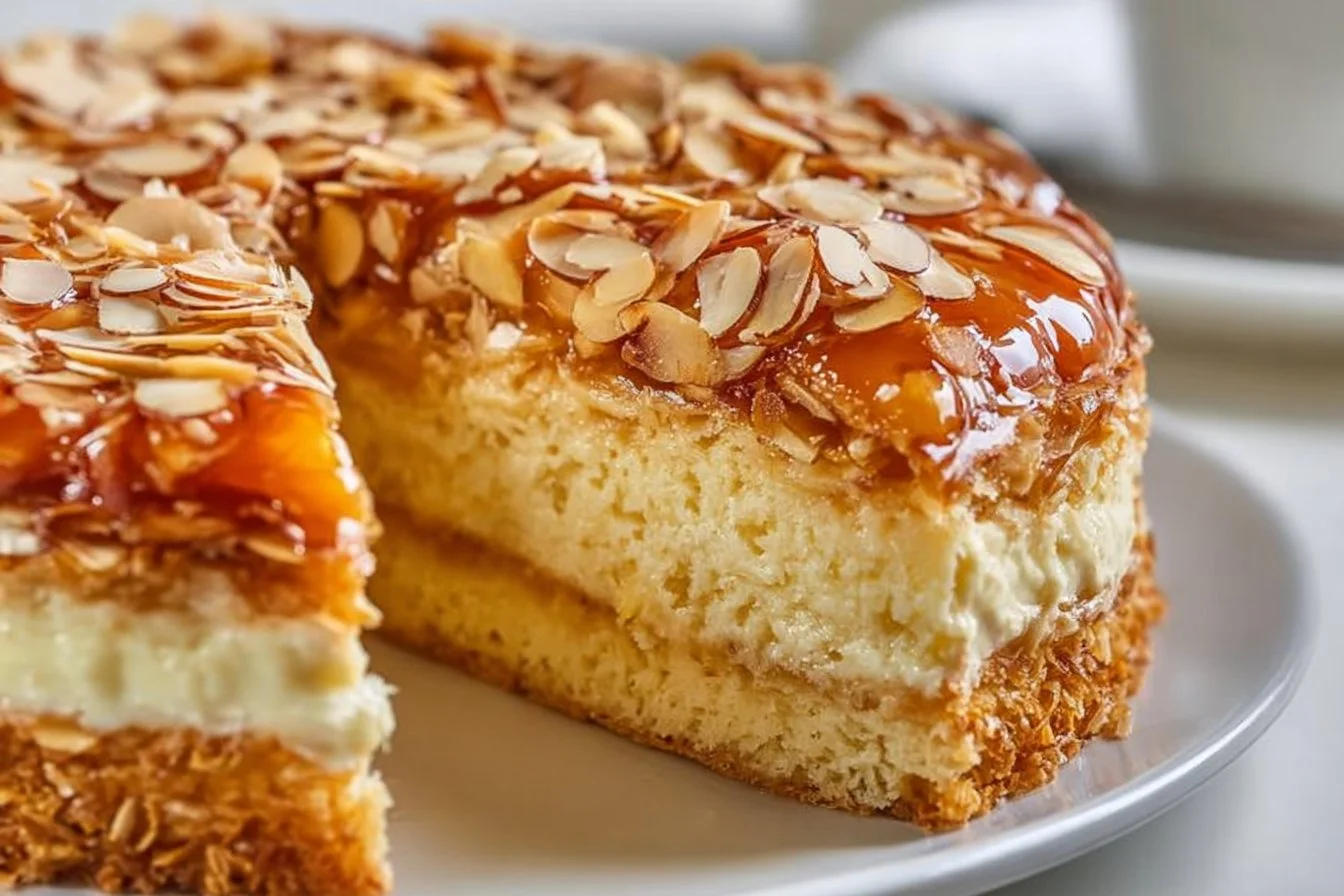 Delicious slice of Perfect Bee Sting Cake topped with honey and almonds
