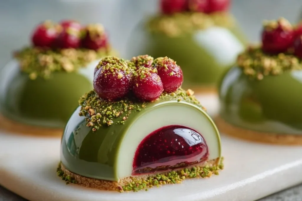 Pistachio and raspberry cheesecake domes served on a decorative plate