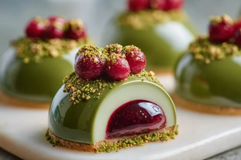 Pistachio and raspberry cheesecake domes served on a decorative plate