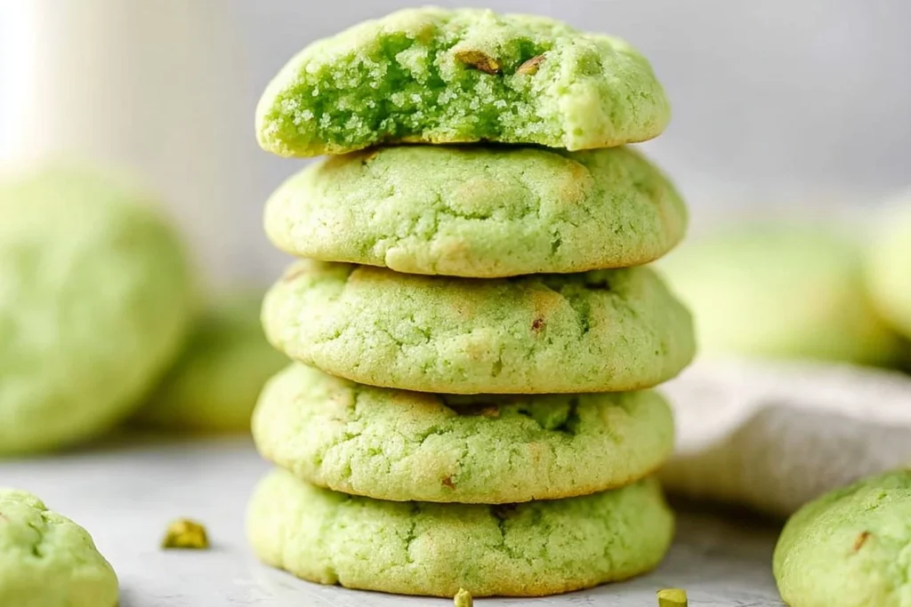 Freshly baked pistachio pudding cookies on a cooling rack
