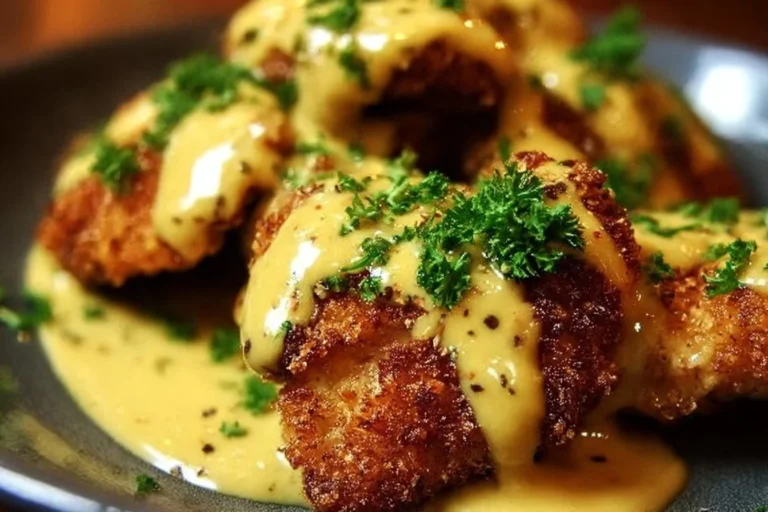 Crispy Pretzel Chicken served with Mustard-Cheddar Sauce