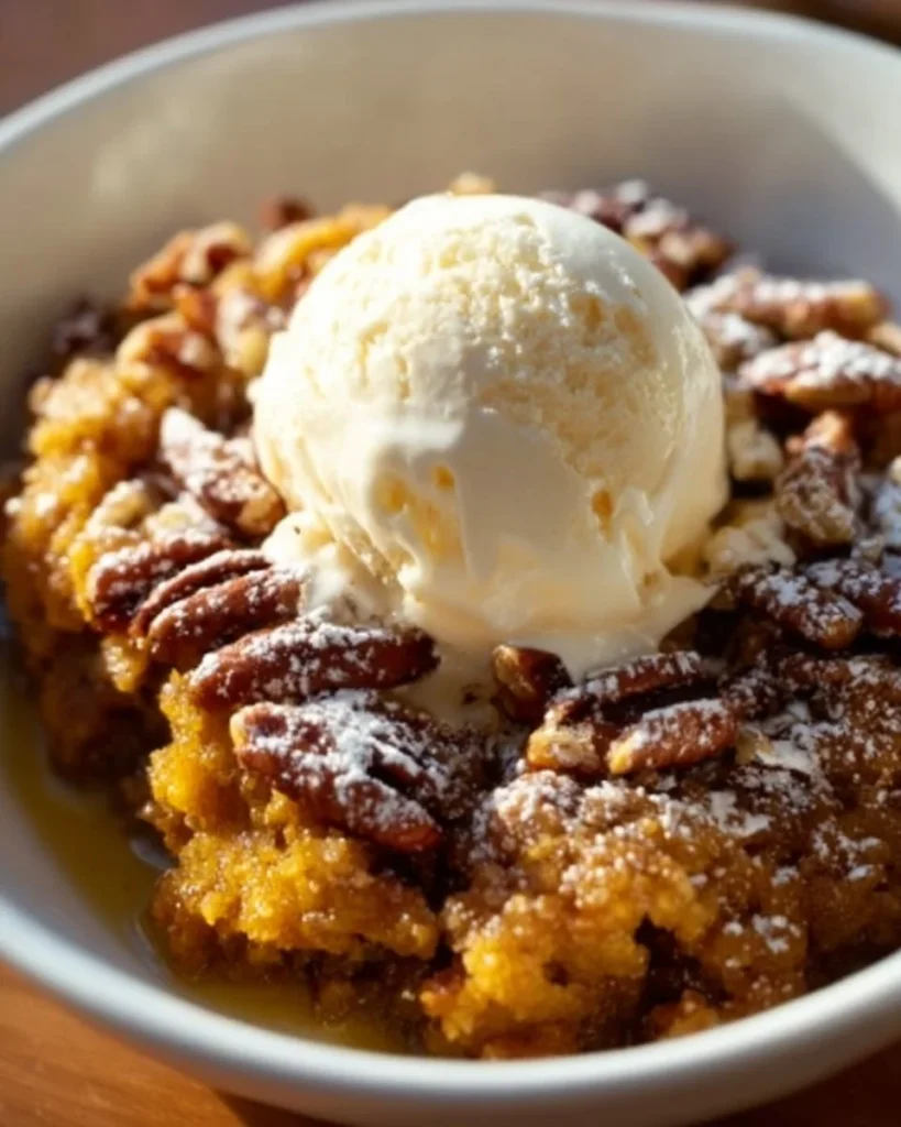 Delicious Pumpkin Pecan Cobbler topped with crunchy pecans and spices.