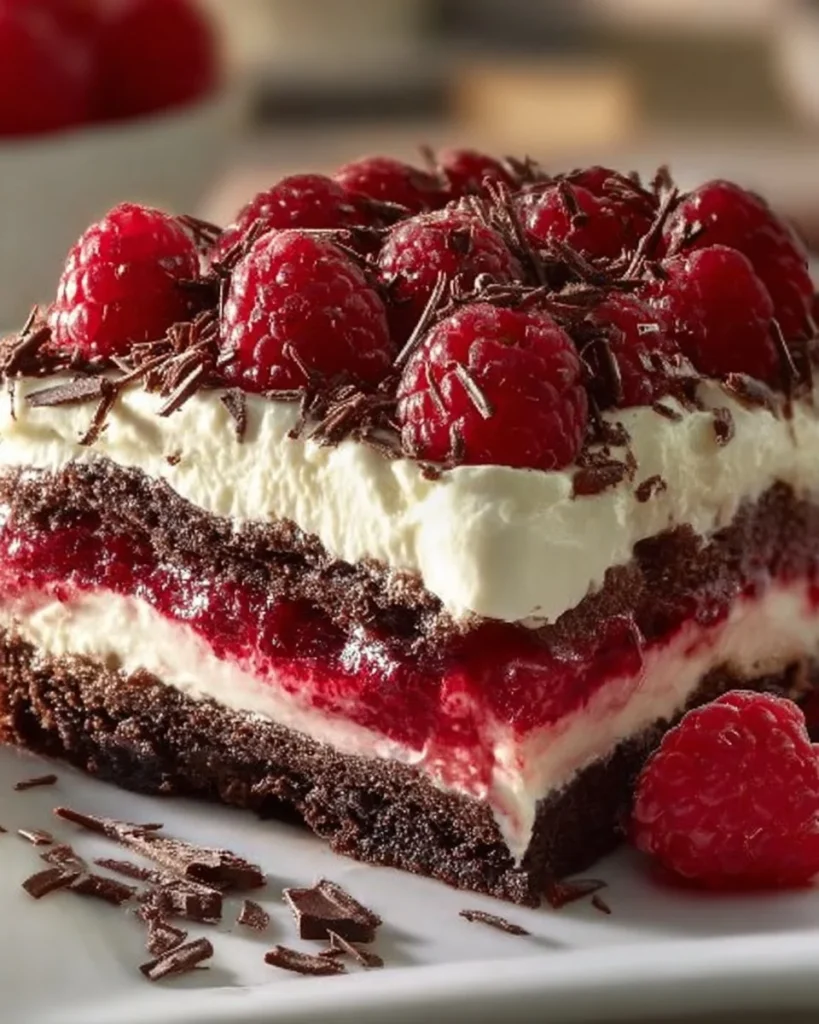 Delicious layered Raspberry Chocolate Lasagna dessert with raspberries and chocolate