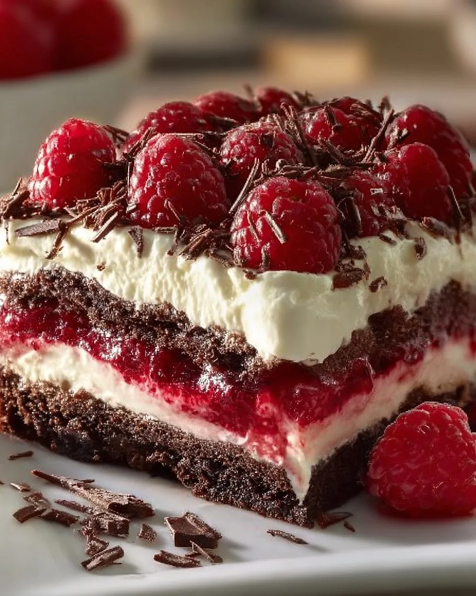 Delicious layered Raspberry Chocolate Lasagna dessert with raspberries and chocolate