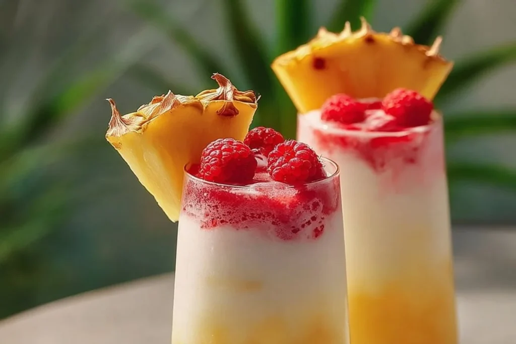 Delicious Raspberry Colada Twist cocktail with raspberries and coconut.