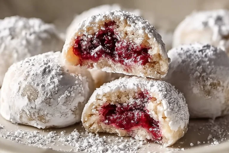 Raspberry Filled Almond Snowball Cookies dusted with powdered sugar
