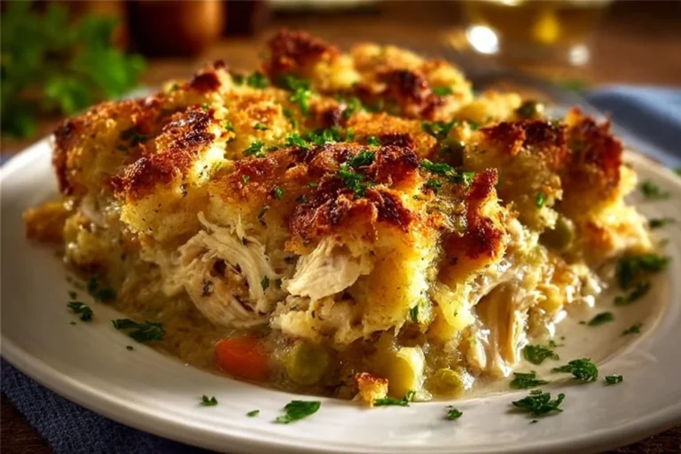 Rotisserie chicken stuffing casserole topped with herbs and savory ingredients