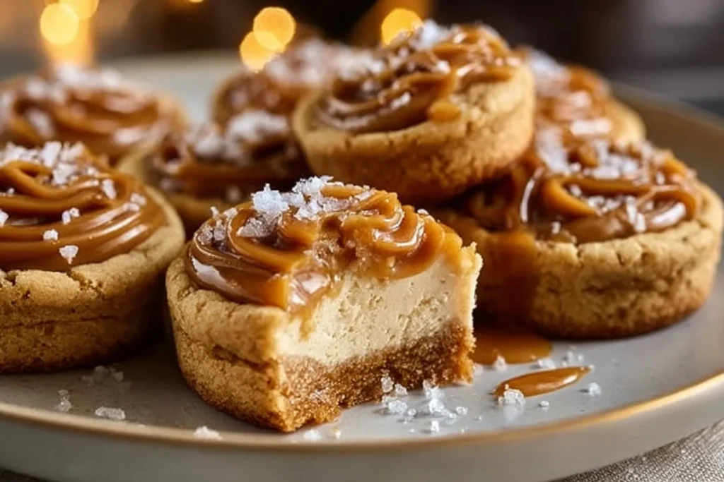 Salted Caramel Cheesecake Cookies with a drizzle of caramel on top