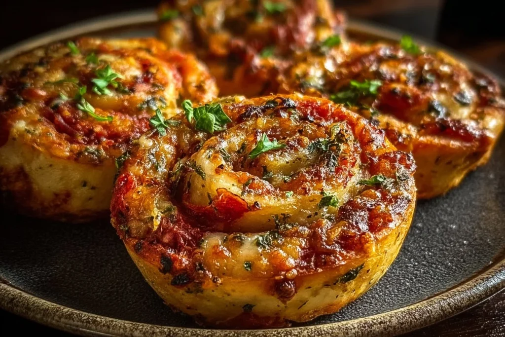 Plate of savory baked Italian pinwheels, a delicious appetizer.